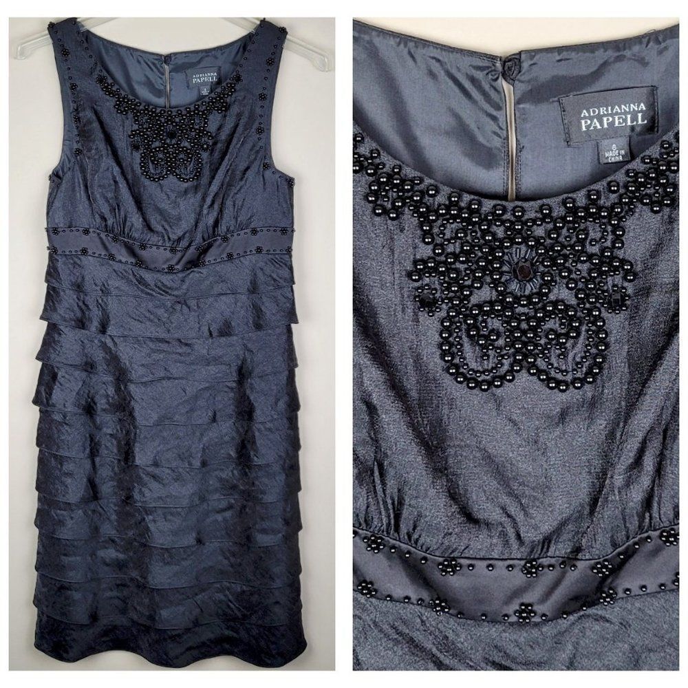 Adrianna Papell Size 6 Black Tiered Beaded Sheath Cocktail Dress Sleeveless